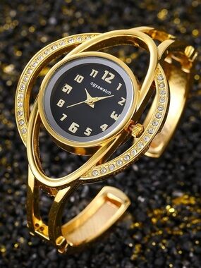 Anthropologie Gold Crystal Bangle Watch with Black Dial